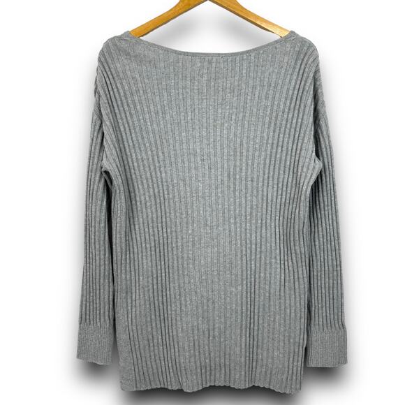 NEW Open Edit Ribbed Sweater Asymmetric Vneck Tunic Long Sleeve Gray Size Small - Picture 5 of 8